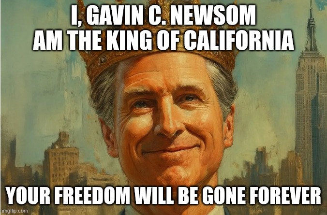 I, GAVIN C. NEWSOM AM THE KING OF CALIFORNIA; YOUR FREEDOM WILL BE GONE FOREVER | made w/ Imgflip meme maker