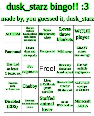High Quality dusk_starz's bingo!!! Blank Meme Template