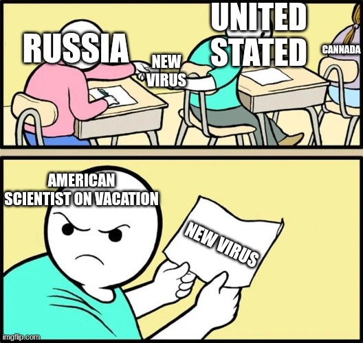 passing notes | UNITED STATED; RUSSIA; CANNADA; NEW VIRUS; AMERICAN SCIENTIST ON VACATION; NEW VIRUS | image tagged in students passing notes,meme,school,sfw,funny | made w/ Imgflip meme maker