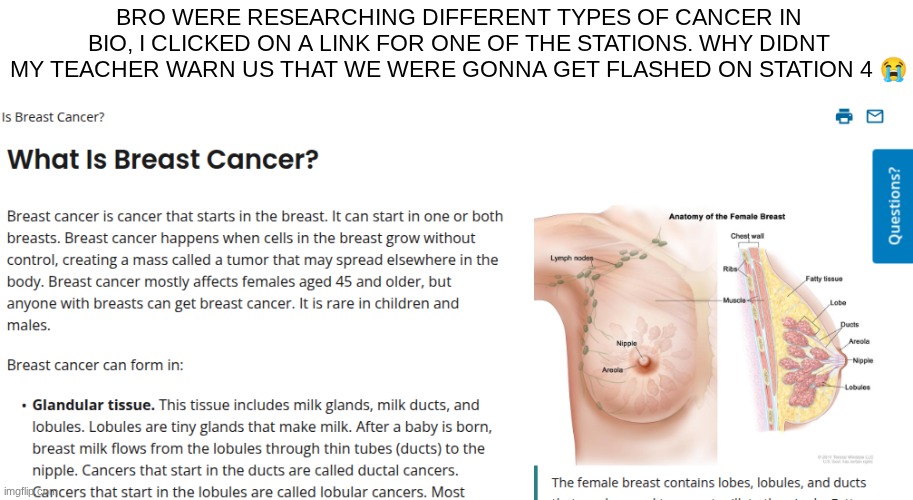 PLEASE WARN US NEXT TIME | BRO WERE RESEARCHING DIFFERENT TYPES OF CANCER IN BIO, I CLICKED ON A LINK FOR ONE OF THE STATIONS. WHY DIDNT MY TEACHER WARN US THAT WE WERE GONNA GET FLASHED ON STATION 4 😭 | made w/ Imgflip meme maker
