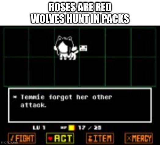 tem time | ROSES ARE RED
WOLVES HUNT IN PACKS | image tagged in blank white template,temmie forgor her other attack | made w/ Imgflip meme maker