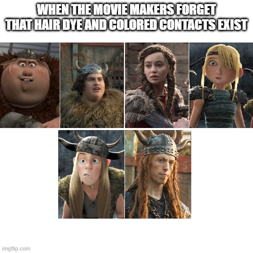 what I thought when I saw the remake | WHEN THE MOVIE MAKERS FORGET THAT HAIR DYE AND COLORED CONTACTS EXIST | image tagged in how to train your dragon,remake | made w/ Imgflip meme maker