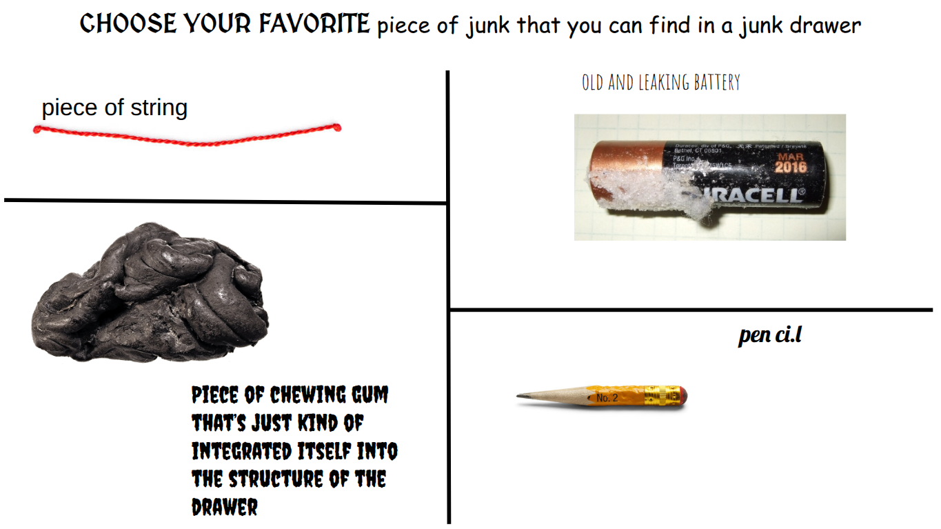 CHOOSE YOUR FAVORITE piece of junk you can find in a junk drawer Blank Meme Template