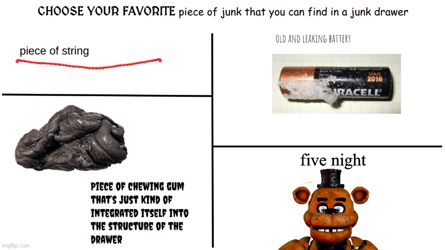 CHOOSE YOUR FAVORITE piece of junk you can find in a junk drawer | five night | image tagged in choose your favorite piece of junk you can find in a junk drawer | made w/ Imgflip meme maker