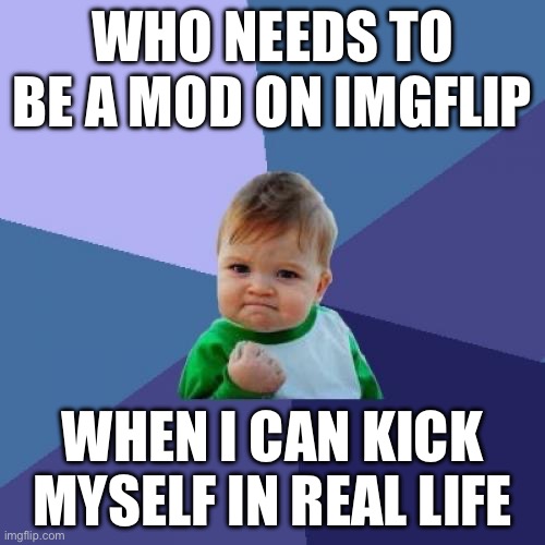 It kinda hurt tho | WHO NEEDS TO BE A MOD ON IMGFLIP; WHEN I CAN KICK MYSELF IN REAL LIFE | image tagged in memes,success kid | made w/ Imgflip meme maker