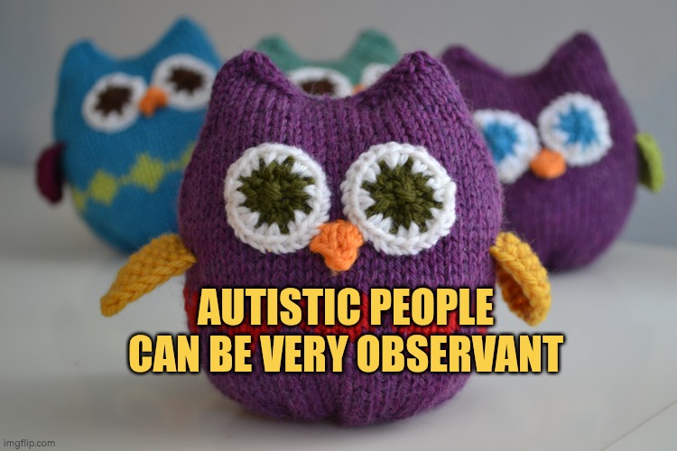 Autistic people can be very observant | AUTISTIC PEOPLE CAN BE VERY OBSERVANT | image tagged in knit owls,autism,observe,focus,knitting,crochet | made w/ Imgflip meme maker