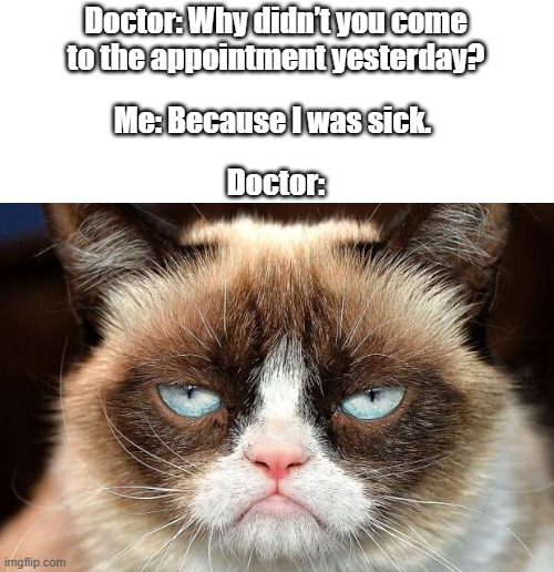 The Doctor’s Question | Doctor: Why didn’t you come to the appointment yesterday? Me: Because I was sick. Doctor: | image tagged in memes,grumpy cat not amused,grumpy cat | made w/ Imgflip meme maker