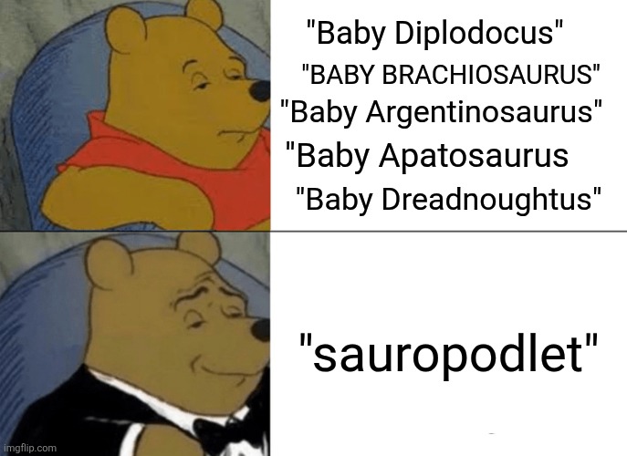 Dinosaur Moment | "Baby Diplodocus"; "BABY BRACHIOSAURUS"; "Baby Argentinosaurus"; "Baby Apatosaurus; "Baby Dreadnoughtus"; "sauropodlet" | image tagged in memes,tuxedo winnie the pooh,dinosaurs,animal meme,funny,lol | made w/ Imgflip meme maker