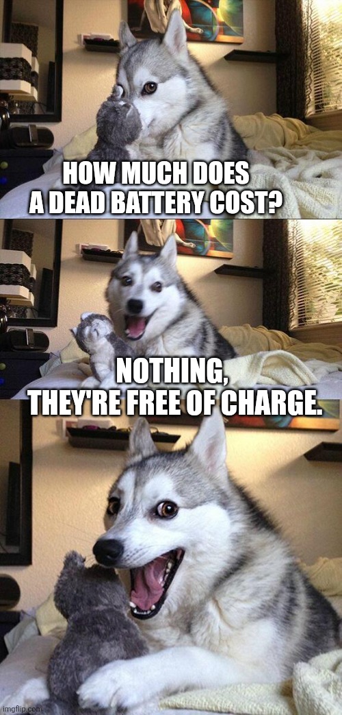 Really, they're kinda of powerless though. | HOW MUCH DOES A DEAD BATTERY COST? NOTHING, 
THEY'RE FREE OF CHARGE. | image tagged in memes,bad pun dog | made w/ Imgflip meme maker