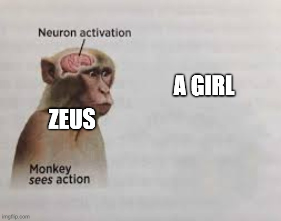 Greek mythology in 5 words: but Zeus saw a girl. | A GIRL; ZEUS | image tagged in neuron activation | made w/ Imgflip meme maker