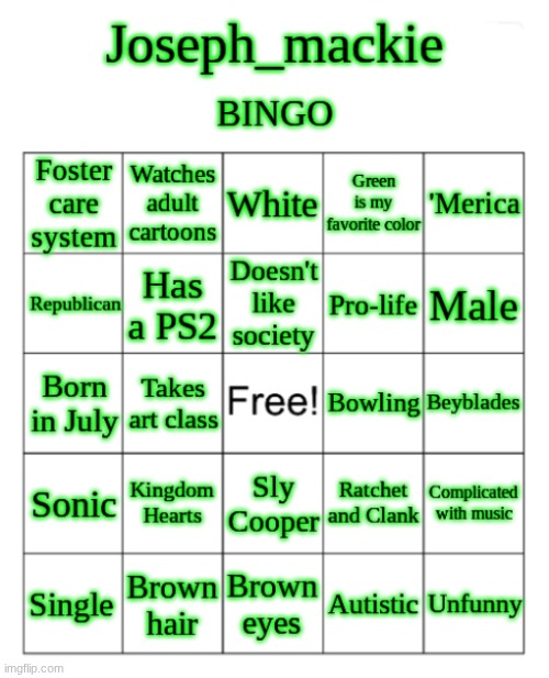 Joseph_Mackie BINGO | image tagged in joseph_mackie bingo | made w/ Imgflip meme maker