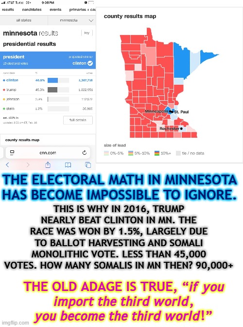 The electoral math in Minnesota has become impossible to ignore | THIS IS WHY IN 2016, TRUMP NEARLY BEAT CLINTON IN MN. THE RACE WAS WON BY 1.5%, LARGELY DUE TO BALLOT HARVESTING AND SOMALI MONOLITHIC VOTE. LESS THAN 45,000 VOTES. HOW MANY SOMALIS IN MN THEN? 90,000+; THE ELECTORAL MATH IN MINNESOTA HAS BECOME IMPOSSIBLE TO IGNORE. THE OLD ADAGE IS TRUE, “𝘪𝘧 𝘺𝘰𝘶 𝘪𝘮𝘱𝘰𝘳𝘵 𝘵𝘩𝘦 𝘵𝘩𝘪𝘳𝘥 𝘸𝘰𝘳𝘭𝘥, 𝘺𝘰𝘶 𝘣𝘦𝘤𝘰𝘮𝘦 𝘵𝘩𝘦 𝘵𝘩𝘪𝘳𝘥 𝘸𝘰𝘳𝘭𝘥!” | image tagged in minnesota,election 2016,election integrity,somalis,voter fraud,voter id | made w/ Imgflip meme maker