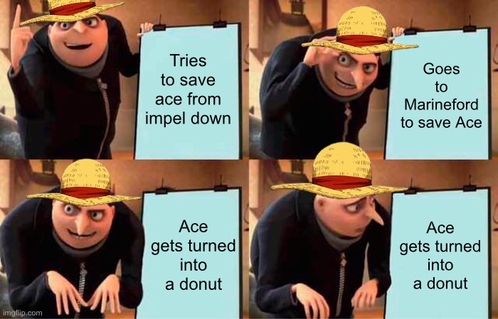 ACE DONUT!!! THE ACE DONUT IS REAL!!!!!!!!!!! | Tries to save ace from impel down; Goes to Marineford to save Ace; Ace gets turned into a donut; Ace gets turned into a donut | image tagged in memes,gru's plan | made w/ Imgflip meme maker