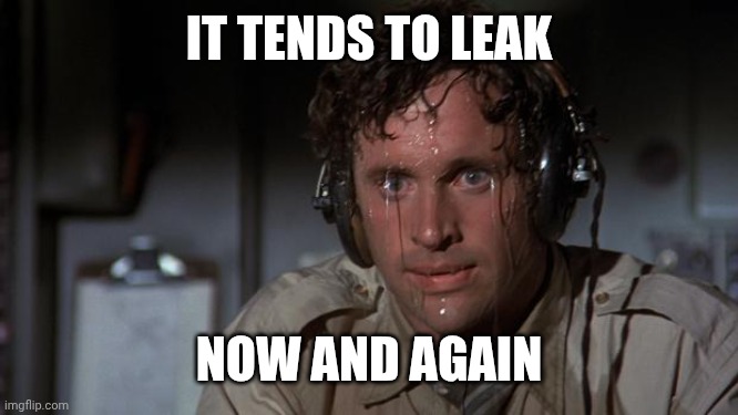 pilot sweating | IT TENDS TO LEAK NOW AND AGAIN | image tagged in pilot sweating | made w/ Imgflip meme maker