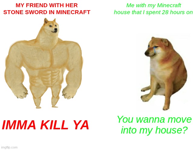 My Friend Didn't Wanna Move Into Me House | MY FRIEND WITH HER STONE SWORD IN MINECRAFT; Me with my Minecraft house that I spent 28 hours on; IMMA KILL YA; You wanna move into my house? | image tagged in big dog small dog | made w/ Imgflip meme maker