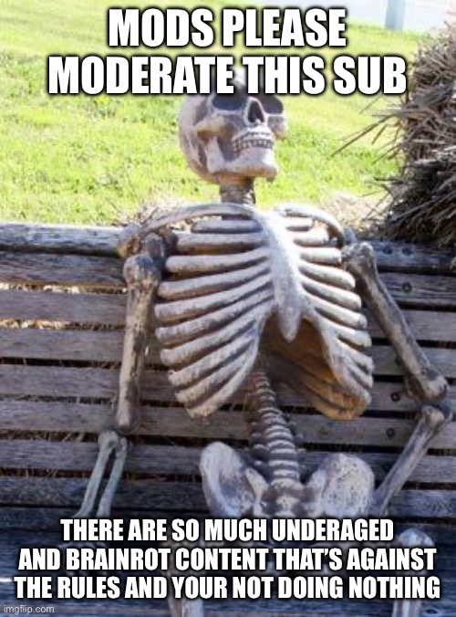 Waiting Skeleton | MODS PLEASE MODERATE THIS SUB; THERE ARE SO MUCH UNDERAGED AND BRAINROT CONTENT THAT’S AGAINST THE RULES AND YOUR NOT DOING NOTHING | image tagged in memes,waiting skeleton | made w/ Imgflip meme maker