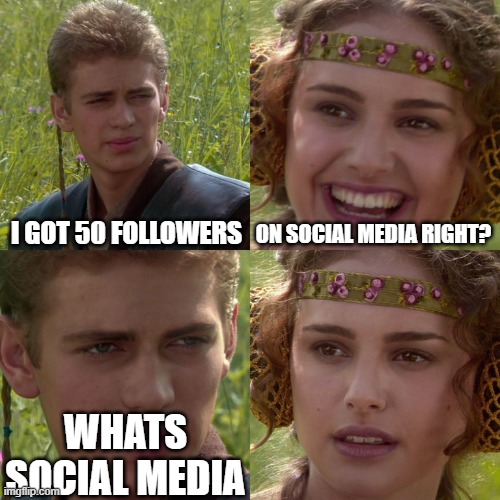Triple posted meme | I GOT 50 FOLLOWERS; ON SOCIAL MEDIA RIGHT? WHATS SOCIAL MEDIA | image tagged in anakin padme 4 panel | made w/ Imgflip meme maker