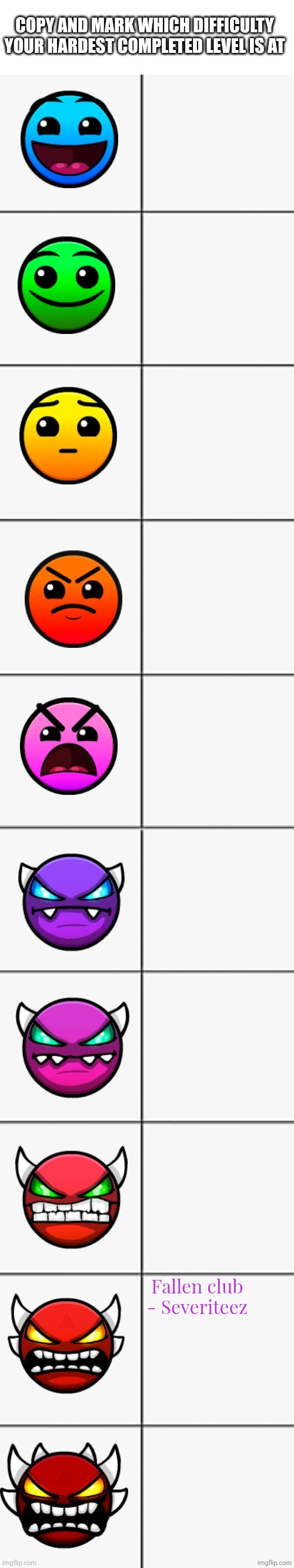 Creating a trend would love to see how good y'all are at the game since it's been a bit | COPY AND MARK WHICH DIFFICULTY YOUR HARDEST COMPLETED LEVEL IS AT; Fallen club - Severiteez | image tagged in geometry dash difficulties | made w/ Imgflip meme maker
