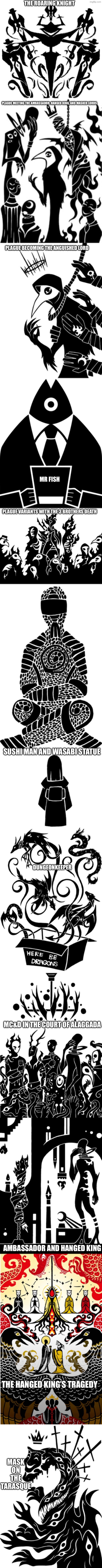 THE ROARING KNIGHT; PLAGUE MEETING THE AMBASSADOR, HANGED KING, AND MASKED LORDS; PLAGUE BECOMING THE ANGUISHED LORD; MR FISH; PLAGUE VARIANTS WITH THE 3 BROTHERS DEATH; SUSHI MAN AND WASABI STATUE; DUNGEONKEEPER; MC&D IN THE COURT OF ALAGGADA; AMBASSADOR AND HANGED KING; THE HANGED KING’S TRAGEDY; MASK ON THE TARASQUE | made w/ Imgflip meme maker