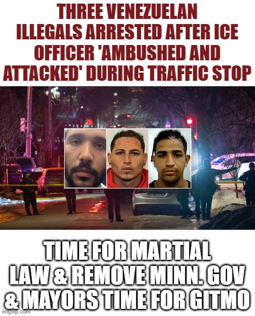THE GOV & MAYOR are running cover for criminals | THREE VENEZUELAN ILLEGALS ARRESTED AFTER ICE OFFICER 'AMBUSHED AND ATTACKED' DURING TRAFFIC STOP; TIME FOR MARTIAL LAW & REMOVE MINN. GOV & MAYORS TIME FOR GITMO | made w/ Imgflip meme maker