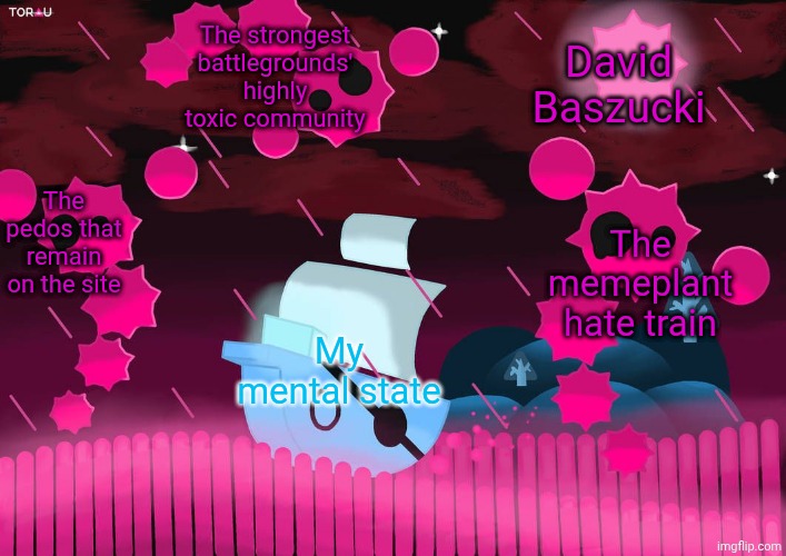 I can't escape. Can't I? | The strongest battlegrounds' highly toxic community; David Baszucki; The pedos that remain on the site; The memeplant hate train; My mental state | image tagged in boat swimming from lycans | made w/ Imgflip meme maker