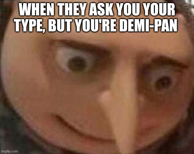 gru meme | WHEN THEY ASK YOU YOUR TYPE, BUT YOU'RE DEMI-PAN | image tagged in gru meme | made w/ Imgflip meme maker