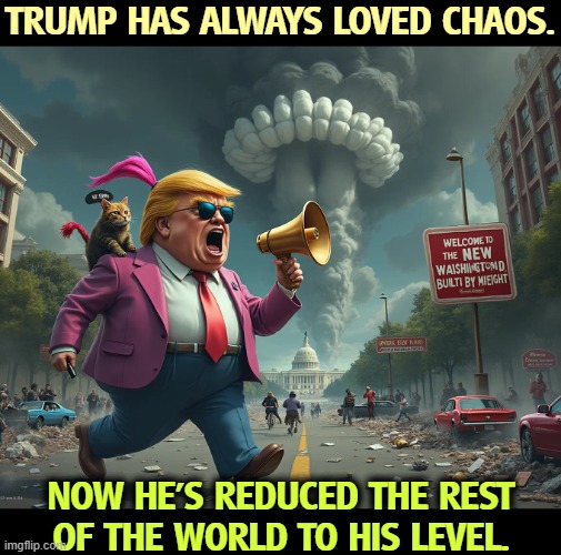 TRUMP HAS ALWAYS LOVED CHAOS. NOW HE'S REDUCED THE REST OF THE WORLD TO HIS LEVEL. | image tagged in trump,chaos,everywhere,idiot,child | made w/ Imgflip meme maker