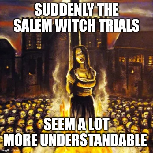 SUDDENLY THE SALEM WITCH TRIALS SEEM A LOT MORE UNDERSTANDABLE | image tagged in burn the witch | made w/ Imgflip meme maker