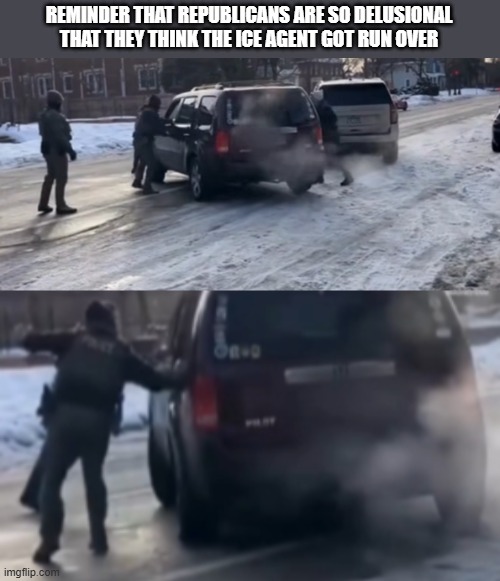 ICE let her go...but then shot her | REMINDER THAT REPUBLICANS ARE SO DELUSIONAL THAT THEY THINK THE ICE AGENT GOT RUN OVER | image tagged in ice | made w/ Imgflip meme maker