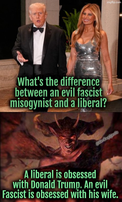 Liberals got some weird fetish | What's the difference between an evil fascist misogynist and a liberal? @darking2jarlie; A liberal is obsessed with Donald Trump. An evil Fascist is obsessed with his wife. | image tagged in liberals,democrats,donald trump,trump | made w/ Imgflip meme maker