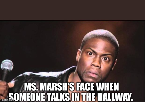 kevin heart idiot | MS. MARSH’S FACE WHEN SOMEONE TALKS IN THE HALLWAY. | image tagged in kevin heart idiot | made w/ Imgflip meme maker