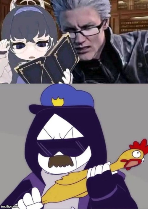 image tagged in ui and vergil what,epic sans with a rubber chicken | made w/ Imgflip meme maker