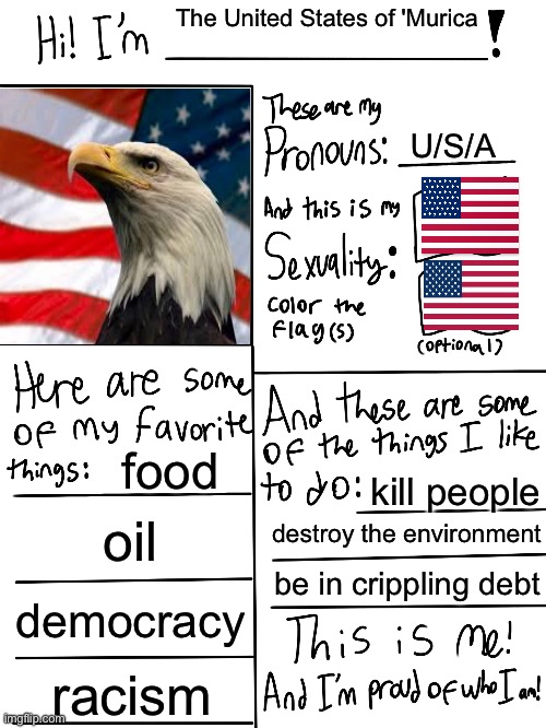 Lgbtq stream account profile | The United States of 'Murica; U/S/A; food; kill people; oil; destroy the environment; be in crippling debt; democracy; racism | image tagged in lgbtq stream account profile | made w/ Imgflip meme maker