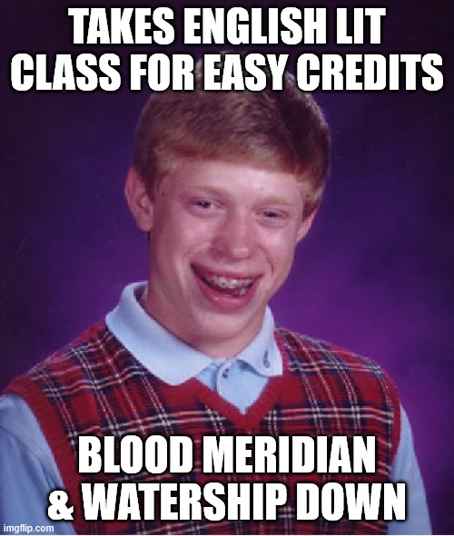 Rough one bud | TAKES ENGLISH LIT CLASS FOR EASY CREDITS; BLOOD MERIDIAN & WATERSHIP DOWN | image tagged in memes,bad luck brian | made w/ Imgflip meme maker
