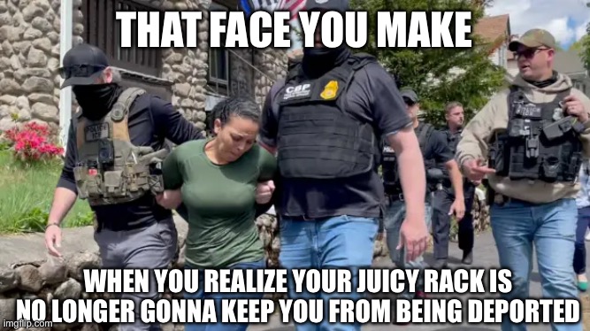 Ice Arrests woman | THAT FACE YOU MAKE; WHEN YOU REALIZE YOUR JUICY RACK IS NO LONGER GONNA KEEP YOU FROM BEING DEPORTED | image tagged in ice arrests woman | made w/ Imgflip meme maker