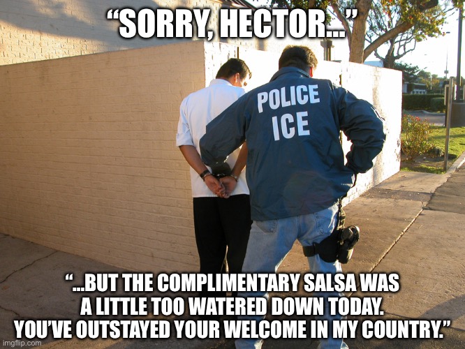 ICE Arrest | “SORRY, HECTOR…”; “…BUT THE COMPLIMENTARY SALSA WAS A LITTLE TOO WATERED DOWN TODAY. YOU’VE OUTSTAYED YOUR WELCOME IN MY COUNTRY.” | image tagged in ice arrest | made w/ Imgflip meme maker