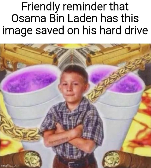 Friendly reminder that Osama Bin Laden has this image saved on his hard drive | image tagged in memes,funny,funny memes,meme | made w/ Imgflip meme maker