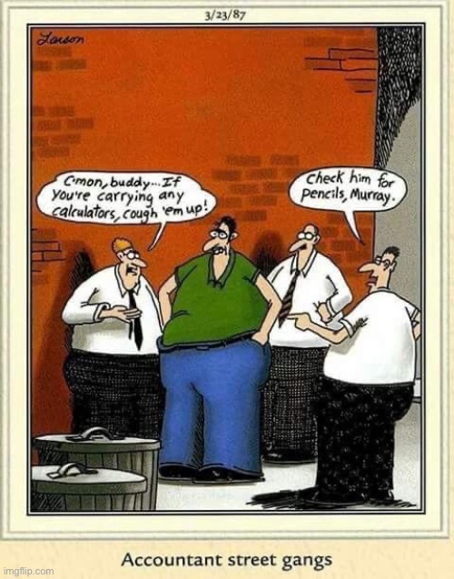 They’re tougher than they look… | image tagged in the far side,comics,accountants,gang,hold up | made w/ Imgflip meme maker