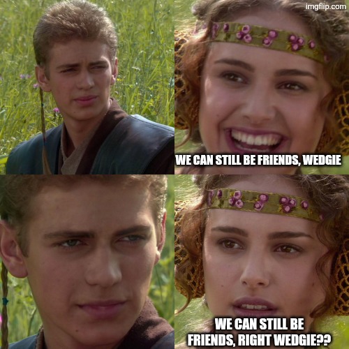 Anakin Padme 4 Panel | WE CAN STILL BE FRIENDS, WEDGIE; WE CAN STILL BE FRIENDS, RIGHT WEDGIE?? | image tagged in anakin padme 4 panel | made w/ Imgflip meme maker