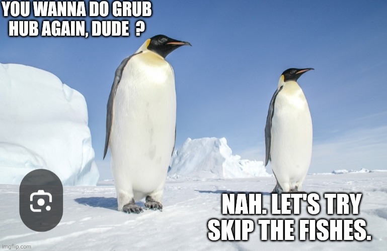 Hungry Birds | YOU WANNA DO GRUB HUB AGAIN, DUDE  ? NAH. LET'S TRY SKIP THE FISHES. | image tagged in penguins,supper,food choices,antarctica,yummy | made w/ Imgflip meme maker