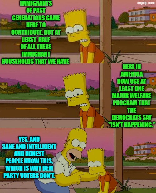 Yet still leftists keep lying about this. | IMMIGRANTS OF PAST GENERATIONS CAME HERE TO CONTRIBUTE, BUT AT LEAST  HALF OF ALL THESE IMMIGRANT HOUSEHOLDS THAT WE HAVE; HERE IN AMERICA NOW USE AT LEAST ONE MAJOR WELFARE PROGRAM THAT THE DEMOCRATS SAY "ISN’T HAPPENING.”; YES, AND SANE AND INTELLIGENT AND HONEST PEOPLE KNOW THIS, WHICH IS WHY DEM PARTY VOTERS DON'T. | image tagged in worst day of my life | made w/ Imgflip meme maker