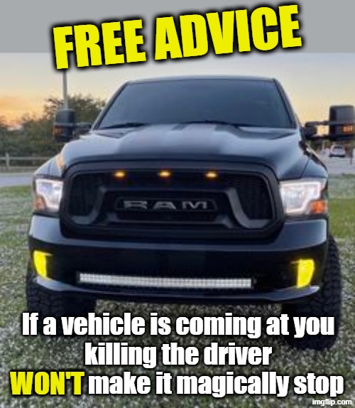 This advice could save your life! | FREE ADVICE; If a vehicle is coming at you
killing the driver
WON'T make it magically stop; WON'T | image tagged in ice,police state,maga,trump,trump immigration policy,think about it | made w/ Imgflip meme maker