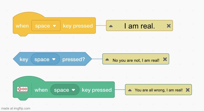 Who is real? | I am real. No you are not, I am real! You are all wrong, I am real! | image tagged in scratch blocks fighting,memes,scratch | made w/ Imgflip meme maker