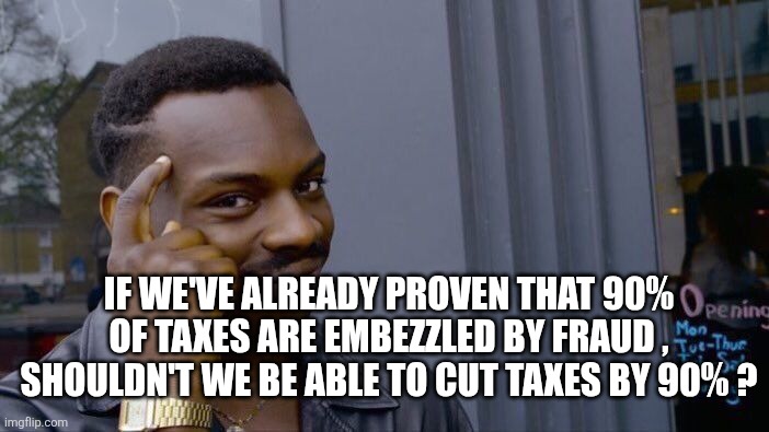 Roll Safe Think About It | IF WE'VE ALREADY PROVEN THAT 90% OF TAXES ARE EMBEZZLED BY FRAUD , SHOULDN'T WE BE ABLE TO CUT TAXES BY 90% ? | image tagged in memes,roll safe think about it | made w/ Imgflip meme maker