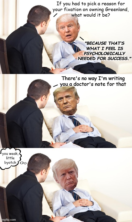"Emotional support Greenland." *OR* "Nothing to do with Russia, China." | If you had to pick a reason for
your fixation on owning Greenland,
what would it be? I; "BECAUSE THAT’S WHAT I FEEL IS PSYCHOLOGICALLY NEEDED FOR SUCCESS."; I; There's no way I'm writing you a doctor's note for that; I; you weak,
little
byotch | image tagged in psychiatrist,trump unfit unqualified dangerous,weakling | made w/ Imgflip meme maker