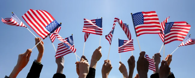 Americans waving American flags Blank Meme Template