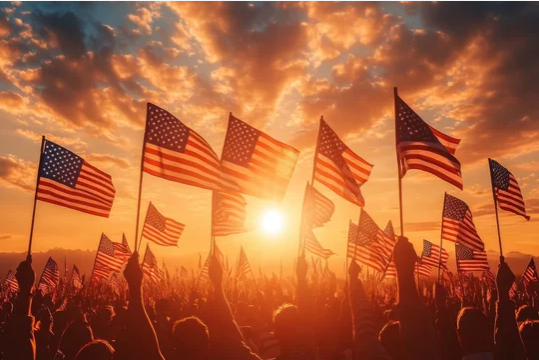 Americans waving American flags Blank Meme Template