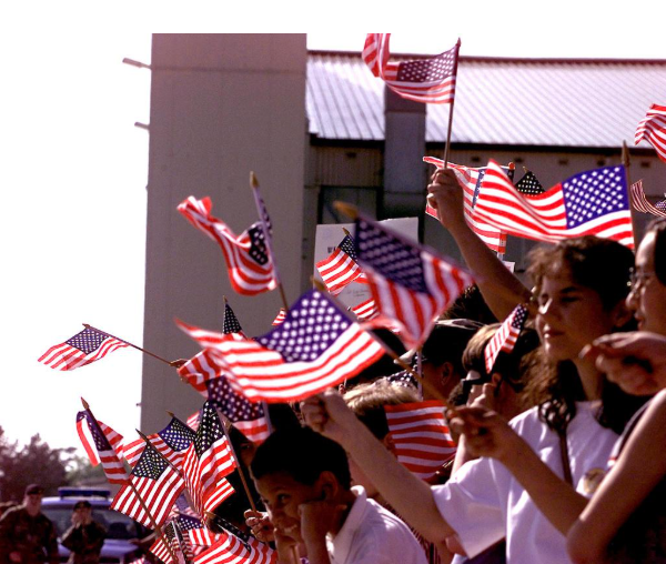 Americans waving American flags Blank Meme Template