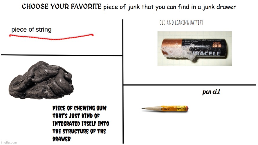 Update 1.0: Pencil has stealth nerfs, Gum has defense buff, Battery can inflict poison damage, string can multiply (so shop buff | image tagged in choose your favorite piece of junk you can find in a junk drawer | made w/ Imgflip meme maker