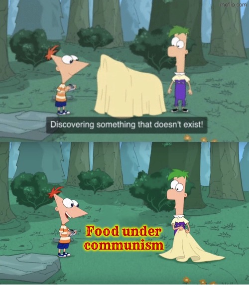 A communist that is better than capitalist is a dead communist | Food under communism | image tagged in discovering something that doesn t exist,communism,phineas and ferb,cartoon,communists,marxism | made w/ Imgflip meme maker